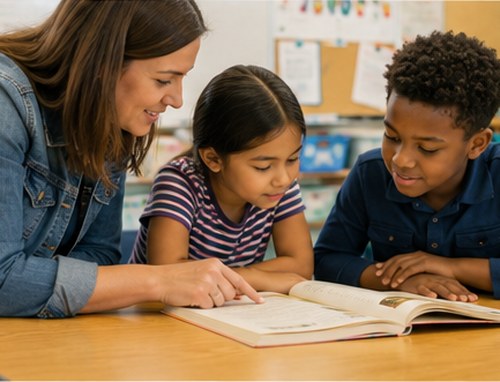Tutor reading a book with two young students
