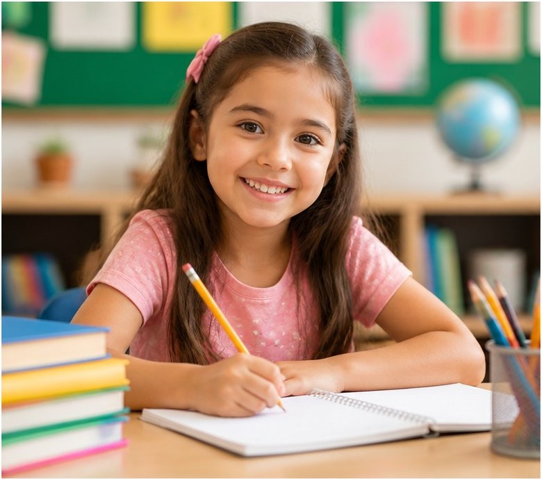 Young student smiling while writing in a notebook